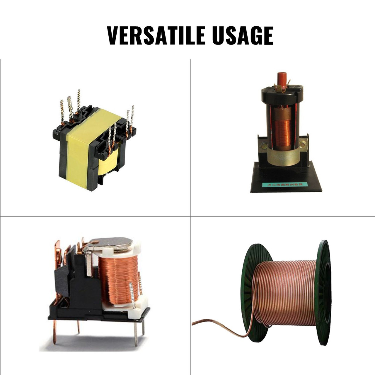 Figure 2 — The kind of work a bench CNC winder is bought to do: small ferrite-cored transformers and switch-mode bobbins (top left), an ignition-style high-turn secondary (top right), a common-mode…