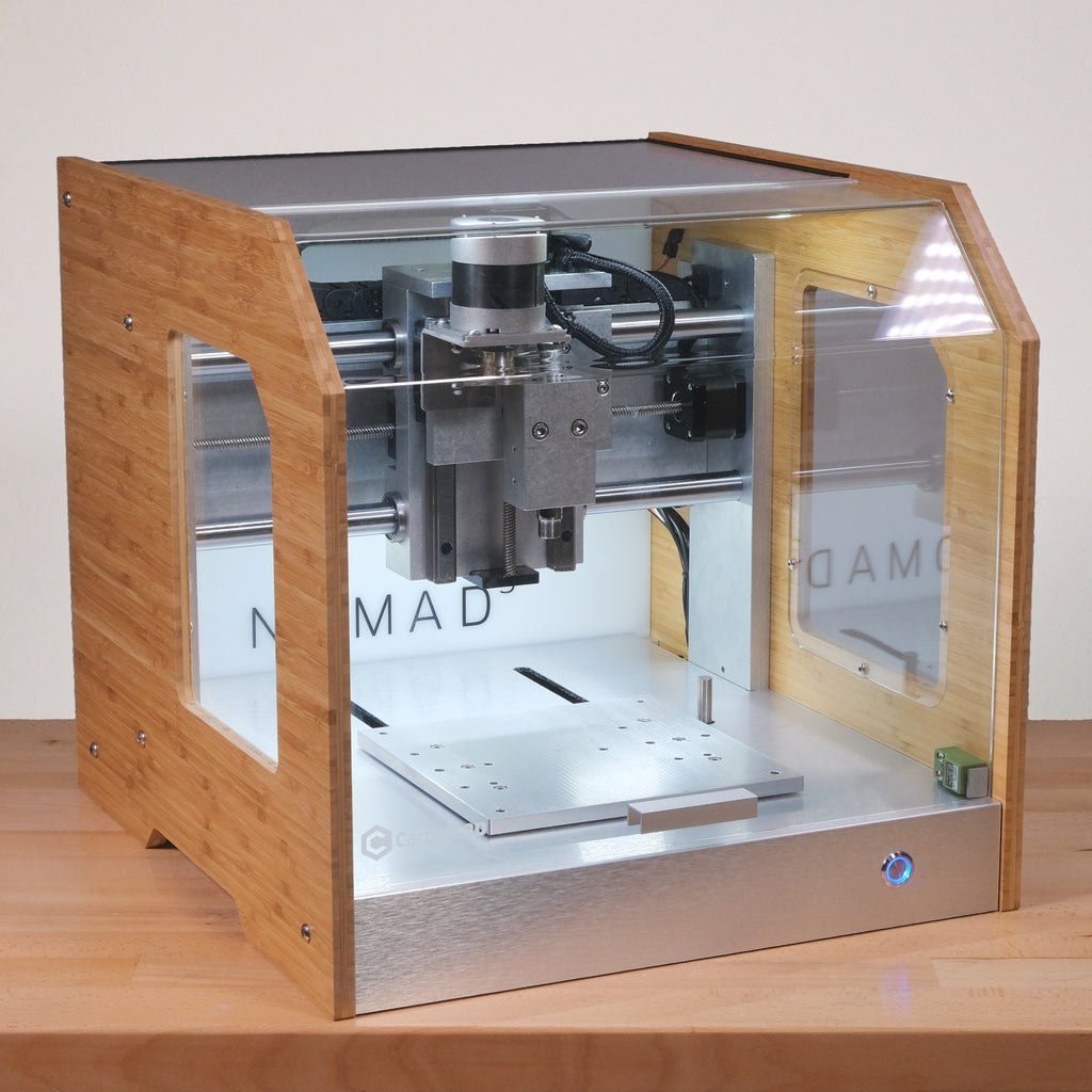 Figure 4 — Corner detail of the enclosed machine (bamboo panel version). Source: Carbide 3D product photography.