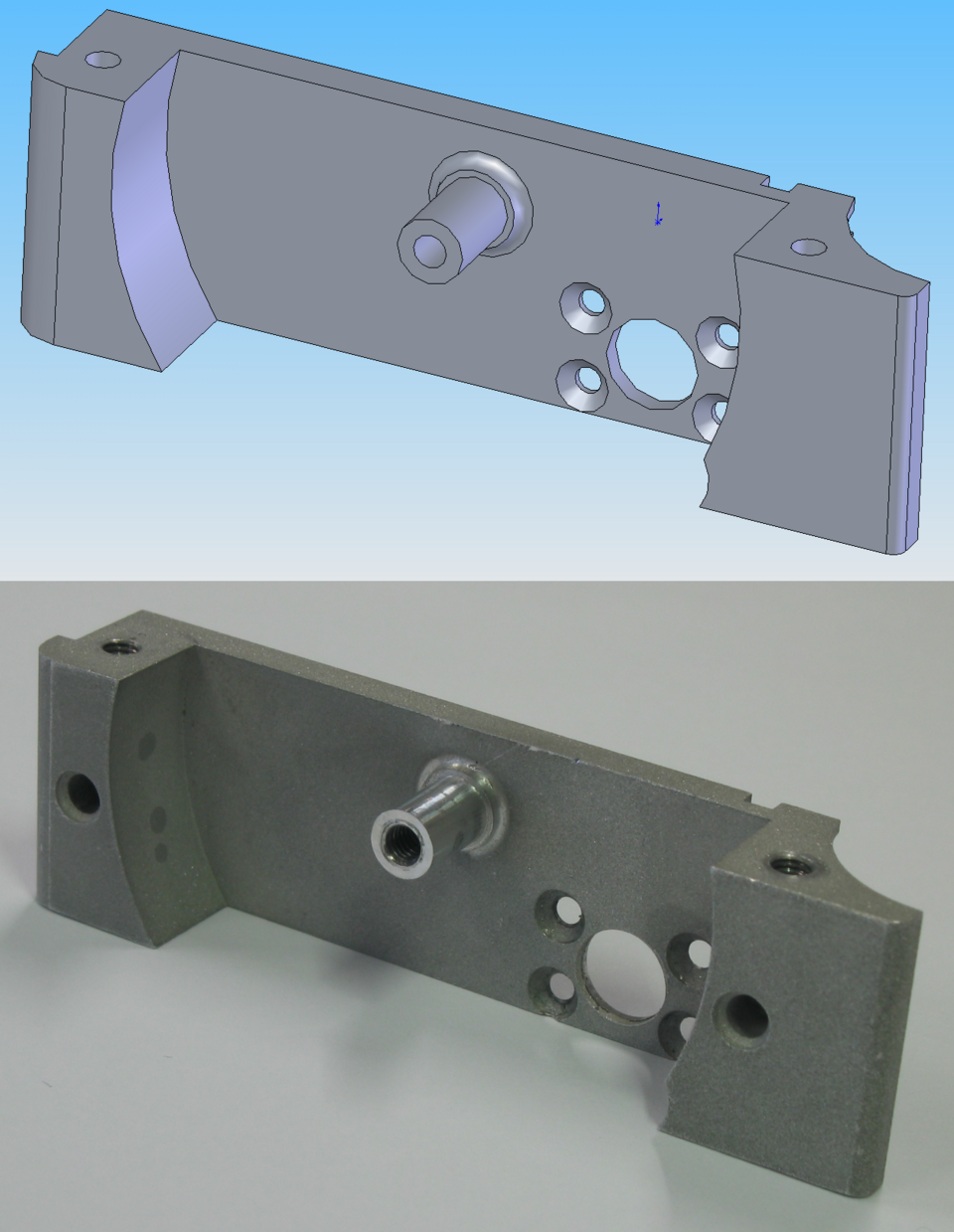 Figure 1 — From CAD model to machined part: the same digital design and the finished aluminium result. Source: Wikimedia Commons (CC).