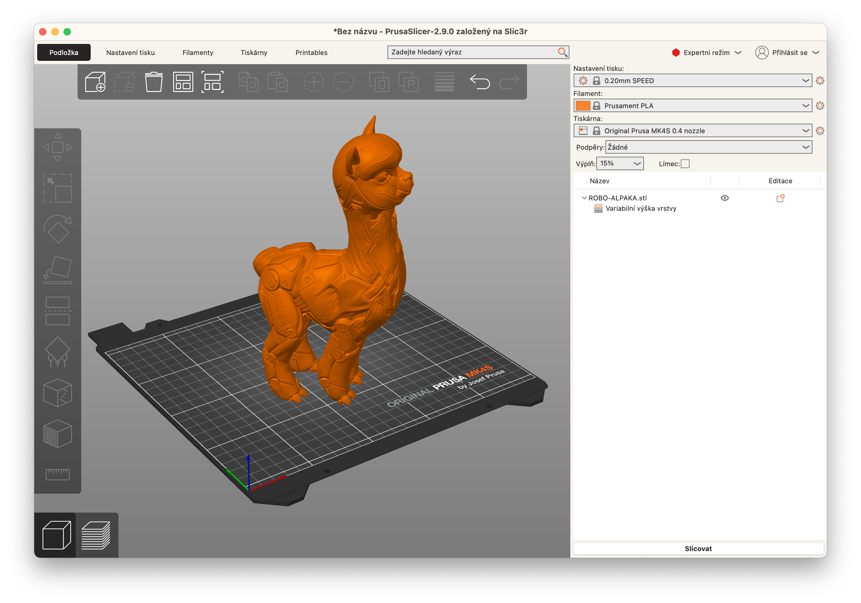 Figure 2 — PrusaSlicer with a model on the MK3S+ build plate: the model preview, the sliced layer toolpaths, and the panel of material-and-quality settings. Shipping tuned profiles for the exact ma…